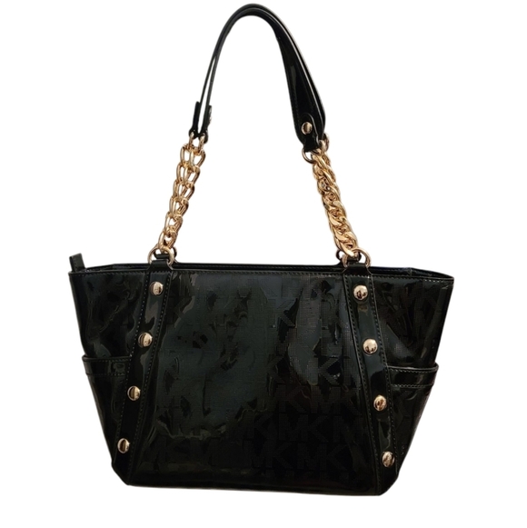 MICHAEL KORS NWT Delancy Signature Black Patent Leather Shoulder Tote Medium - Picture 2 of 16